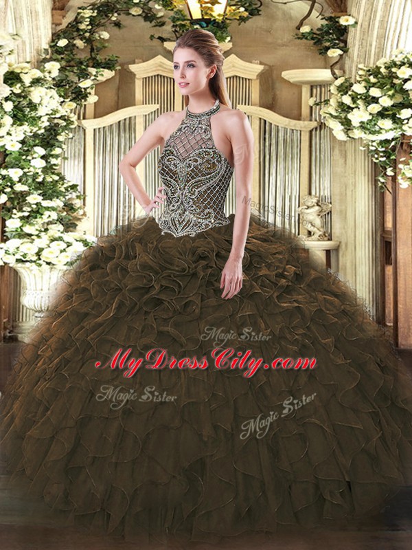 Amazing Olive Green Sleeveless Floor Length Beading and Ruffles Lace Up Vestidos de Quinceanera