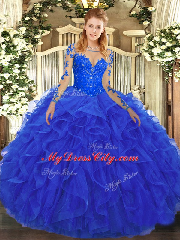 Scoop Long Sleeves Tulle Vestidos de Quinceanera Lace and Ruffles Lace Up