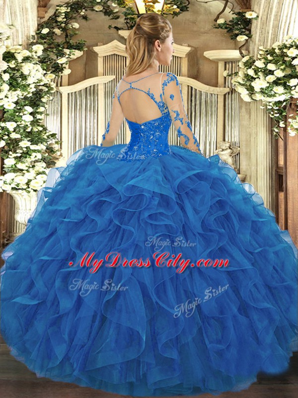 Scoop Long Sleeves Tulle Vestidos de Quinceanera Lace and Ruffles Lace Up