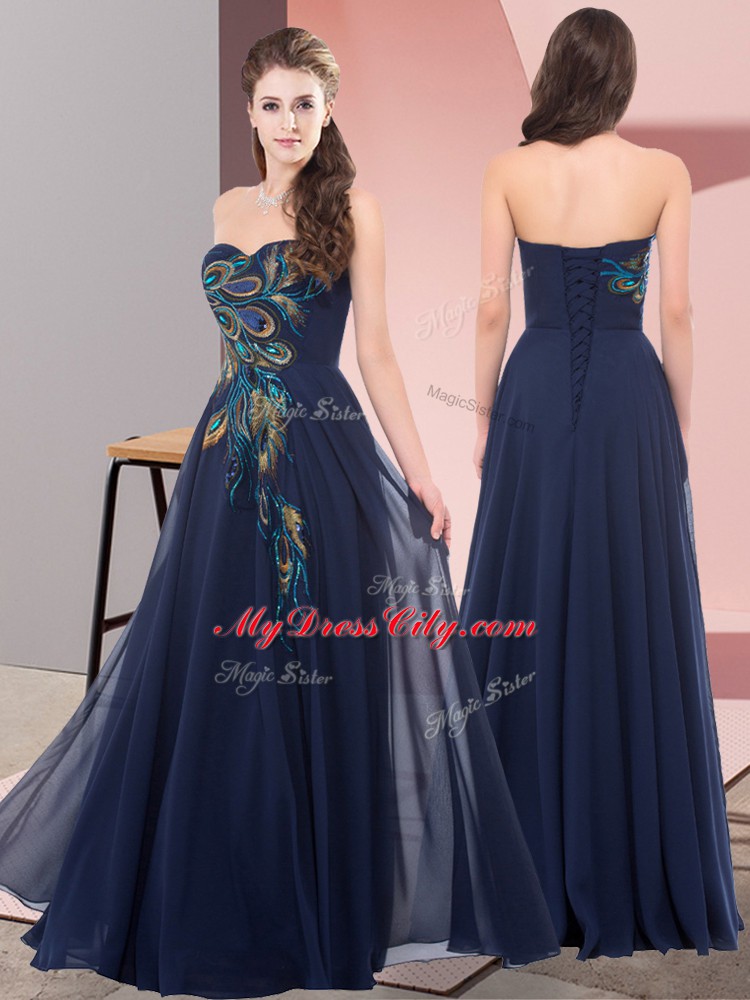 Hot Sale Navy Blue Sleeveless Chiffon Lace Up Dress for Prom for Prom and Party