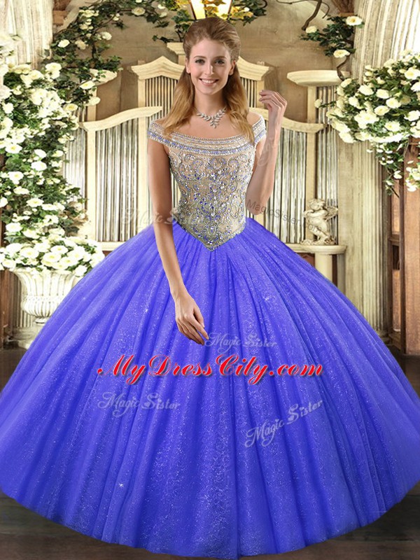 Nice Tulle and Sequined Off The Shoulder Sleeveless Lace Up Beading Sweet 16 Dress in Blue