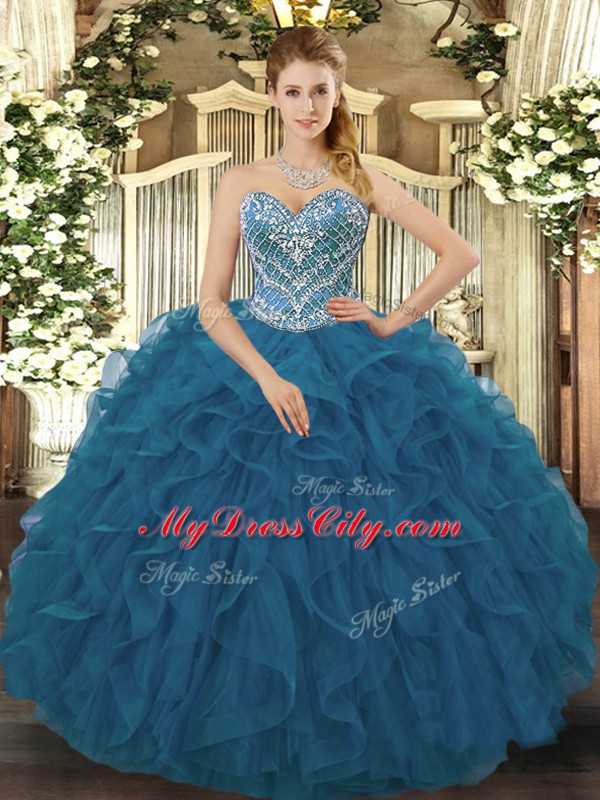Low Price Teal Sweetheart Neckline Beading and Ruffled Layers 15th Birthday Dress Sleeveless Lace Up