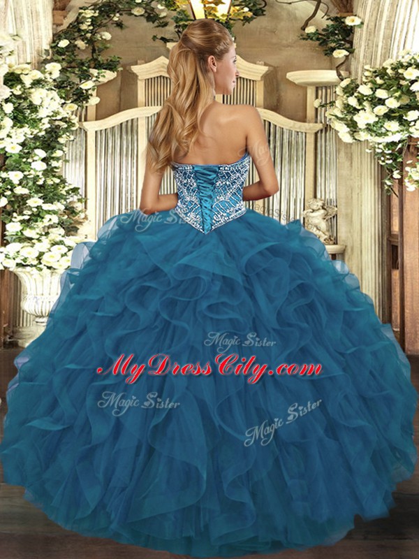 Low Price Teal Sweetheart Neckline Beading and Ruffled Layers 15th Birthday Dress Sleeveless Lace Up