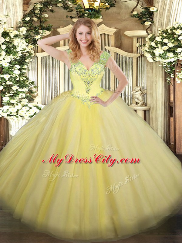 Customized Floor Length Lace Up Quince Ball Gowns Light Yellow for Military Ball and Sweet 16 and Quinceanera with Beading