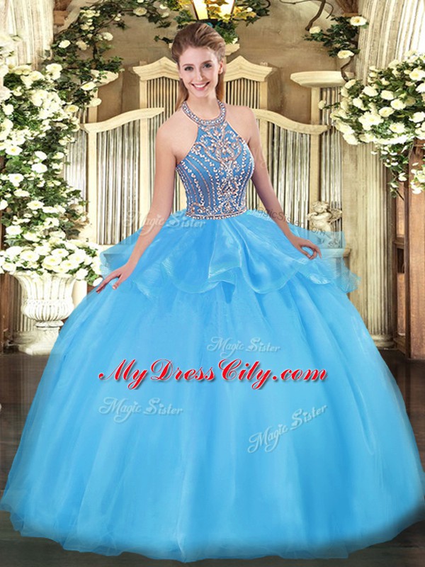 New Style Aqua Blue Ball Gowns Beading and Ruffles Sweet 16 Dress Lace Up Tulle Sleeveless Floor Length