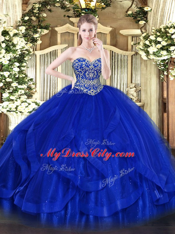 Royal Blue Sweetheart Lace Up Ruffles Quince Ball Gowns Sleeveless