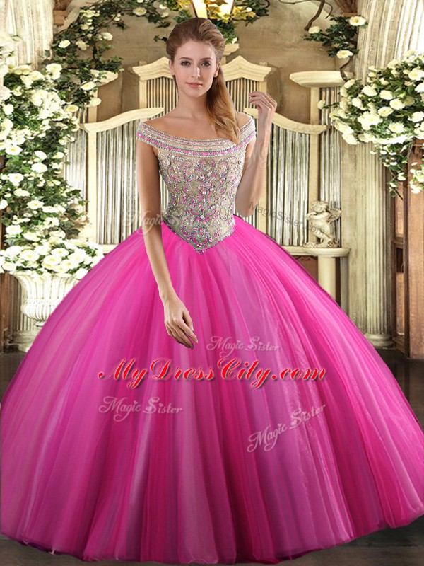 Hot Pink Sleeveless Floor Length Beading Lace Up Quinceanera Gowns