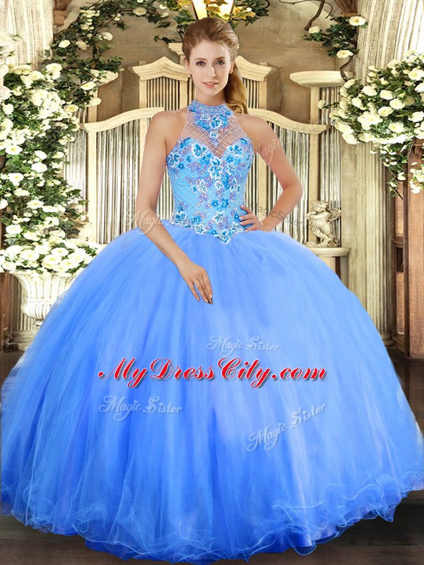 Cheap Embroidery Sweet 16 Dresses Blue Lace Up Sleeveless Floor Length