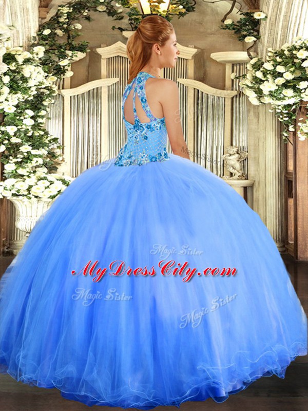 Cheap Embroidery Sweet 16 Dresses Blue Lace Up Sleeveless Floor Length
