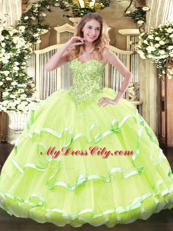 Yellow Green Sweetheart Neckline Appliques and Ruffled Layers Quinceanera Dresses Sleeveless Lace Up