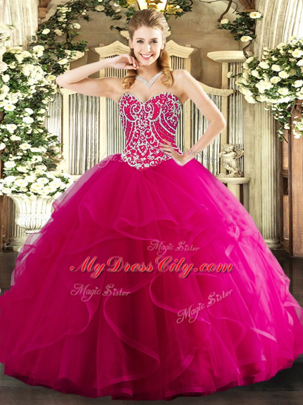 New Style Sleeveless Tulle Floor Length Lace Up 15th Birthday Dress in Hot Pink with Beading and Ruffles