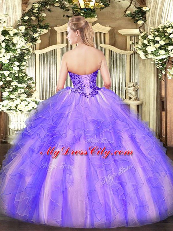 New Style Sweetheart Sleeveless Organza 15th Birthday Dress Appliques and Ruffles Lace Up