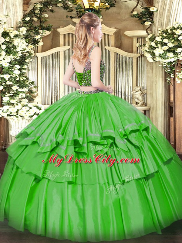 Scoop Sleeveless Organza and Taffeta Quinceanera Dress Beading and Ruffled Layers Lace Up