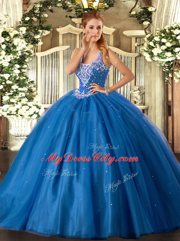 Custom Design Floor Length Blue 15 Quinceanera Dress Straps Sleeveless Lace Up