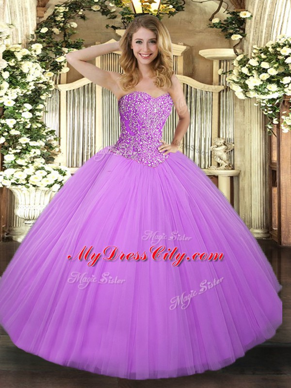 Lilac Ball Gowns Beading Ball Gown Prom Dress Lace Up Tulle Sleeveless Floor Length