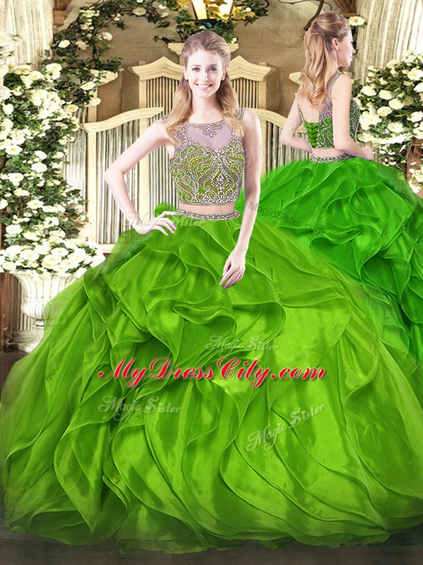 Luxury Green Two Pieces Beading and Ruffles Sweet 16 Dress Lace Up Organza Sleeveless Floor Length