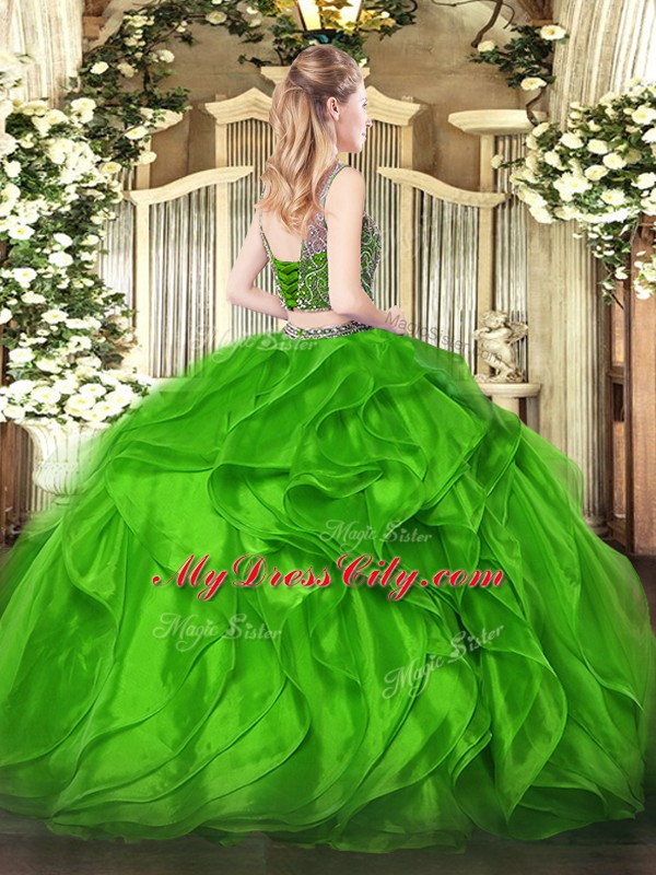 Luxury Green Two Pieces Beading and Ruffles Sweet 16 Dress Lace Up Organza Sleeveless Floor Length