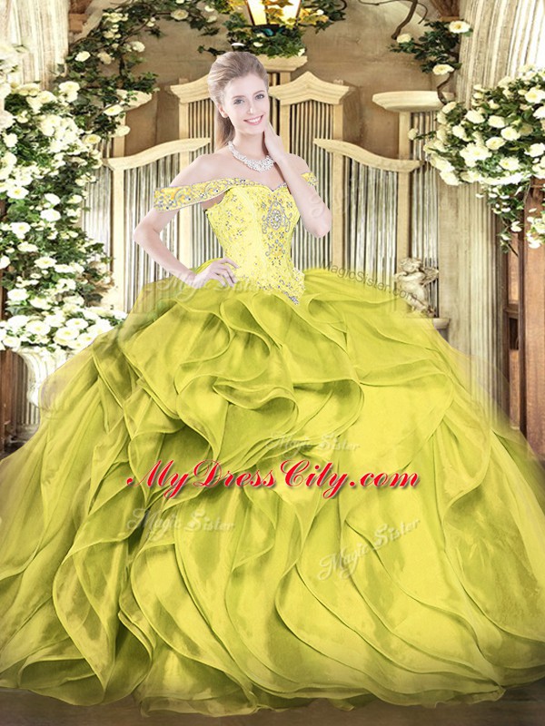 Adorable Floor Length Olive Green Sweet 16 Quinceanera Dress Off The Shoulder Sleeveless Lace Up