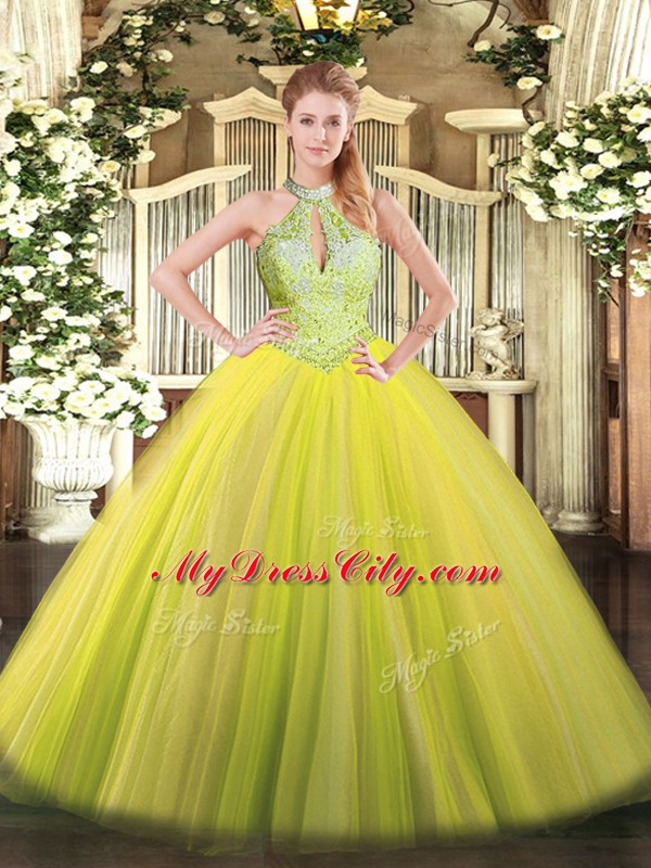 Yellow Green Halter Top Neckline Sequins Vestidos de Quinceanera Sleeveless Lace Up
