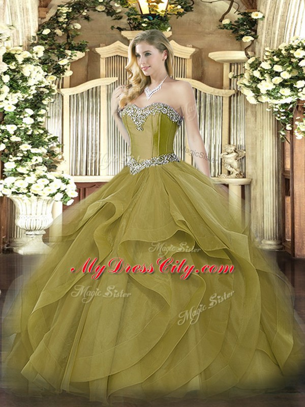 Olive Green Ball Gowns Tulle Sweetheart Sleeveless Beading and Ruffles Floor Length Lace Up 15th Birthday Dress