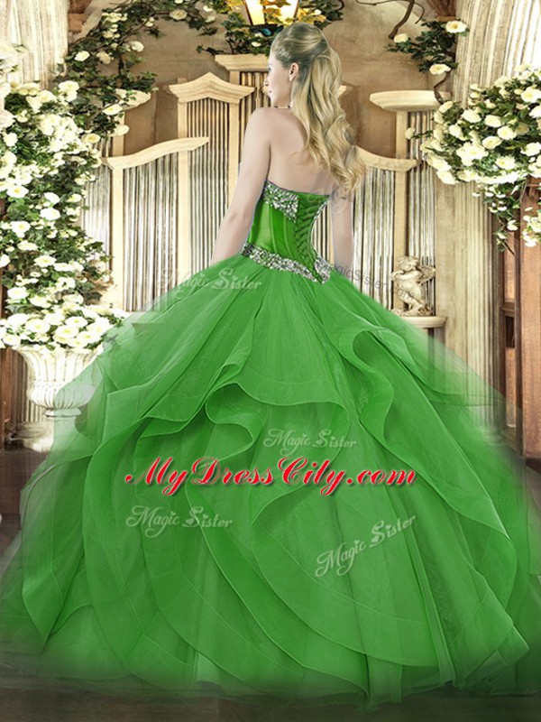 Olive Green Ball Gowns Tulle Sweetheart Sleeveless Beading and Ruffles Floor Length Lace Up 15th Birthday Dress