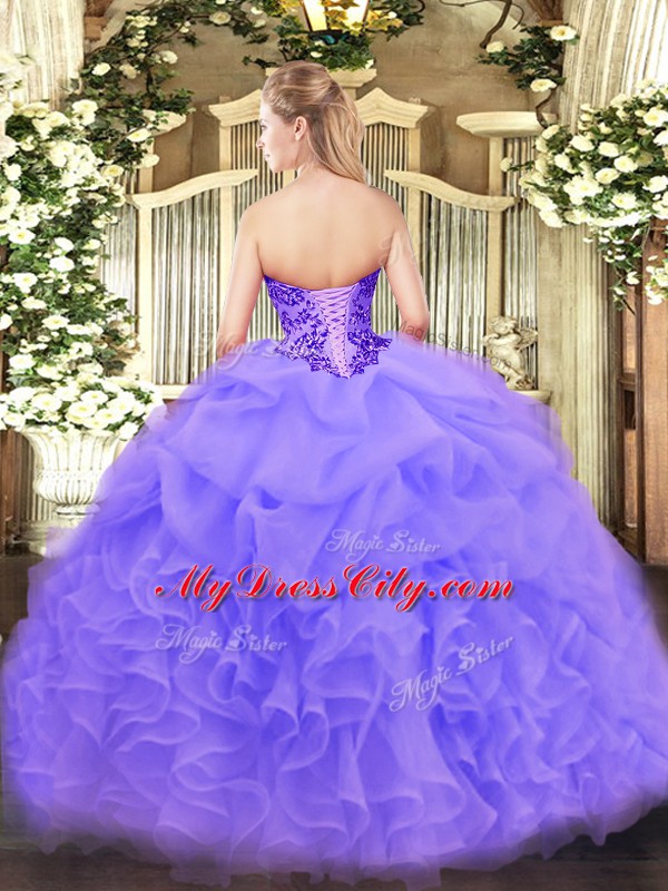 Lavender Lace Up 15th Birthday Dress Appliques and Ruffles Sleeveless Floor Length