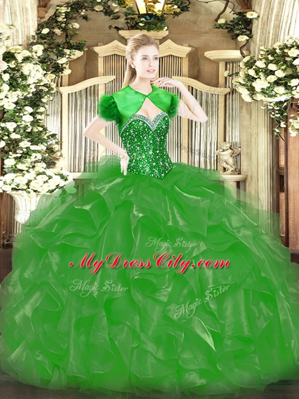 Luxury Green Sweet 16 Dress Military Ball and Sweet 16 and Quinceanera with Beading and Ruffles Sweetheart Sleeveless Lace Up