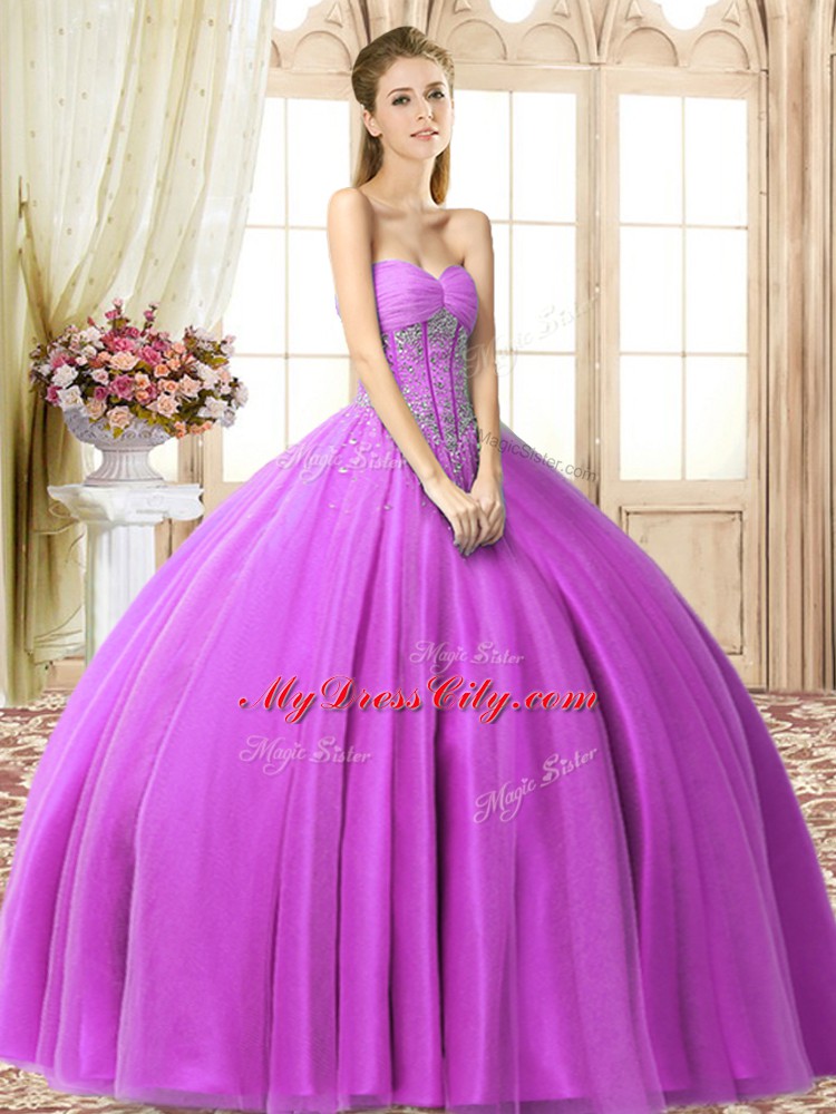 Vintage Floor Length Lace Up 15 Quinceanera Dress Lilac for Military Ball and Sweet 16 and Quinceanera with Beading