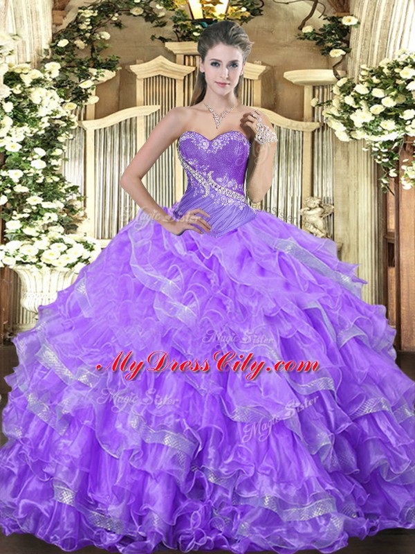 Lavender Sweetheart Neckline Beading and Ruffled Layers Vestidos de Quinceanera Sleeveless Lace Up