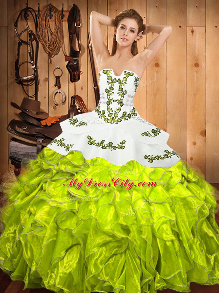 Yellow Green Satin and Organza Lace Up Strapless Sleeveless Floor Length Quinceanera Gowns Embroidery and Ruffles