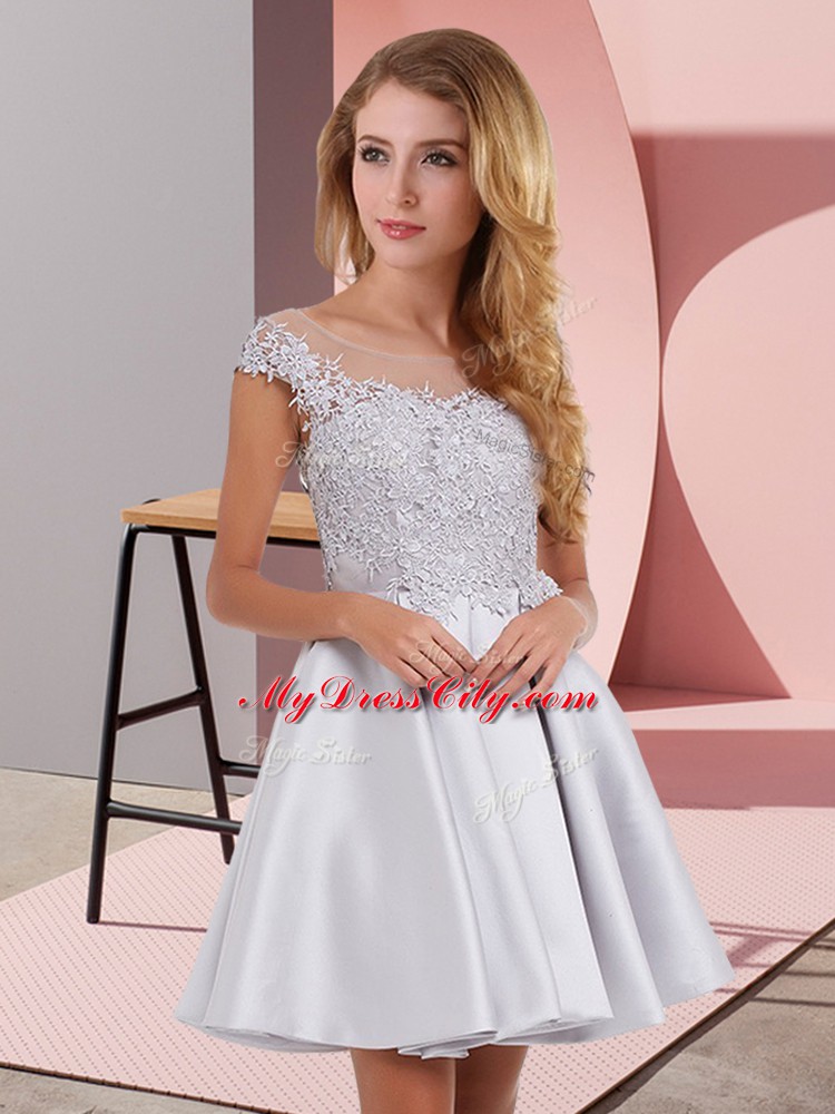 Custom Fit Mini Length Zipper Dama Dress for Quinceanera Silver for Prom and Party with Lace