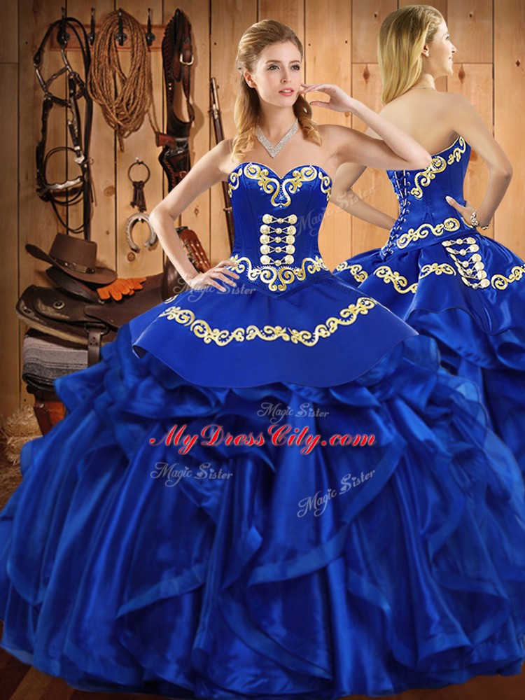 Dramatic Sleeveless Lace Up Floor Length Embroidery and Ruffles Quince Ball Gowns