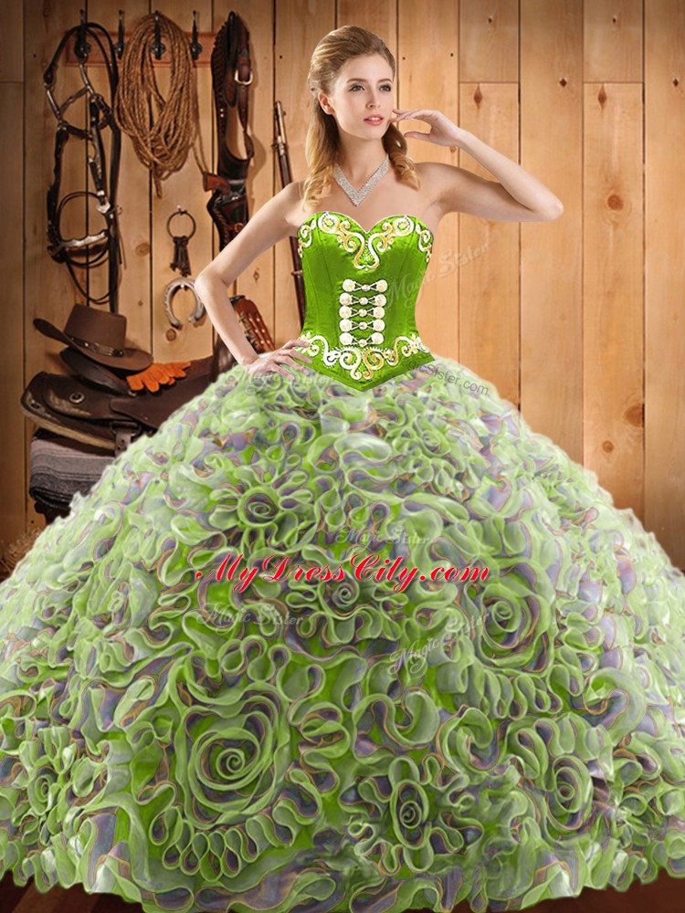 Multi-color Lace Up Sweetheart Embroidery Sweet 16 Dresses Satin and Fabric With Rolling Flowers Sleeveless Sweep Train