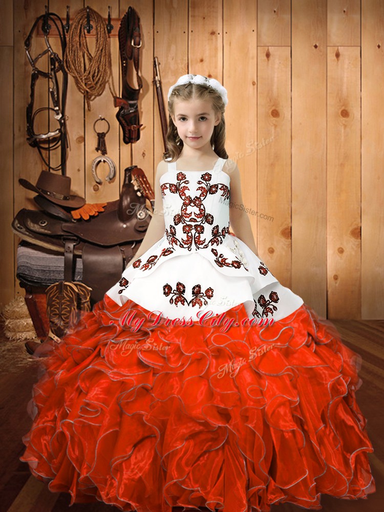 Modern Orange Red Ball Gowns Organza Straps Sleeveless Embroidery and Ruffles Floor Length Lace Up Little Girl Pageant Gowns
