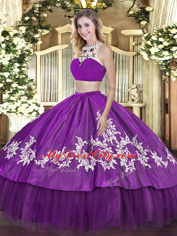Purple Backless High-neck Beading and Appliques and Ruffles Ball Gown Prom Dress Tulle Sleeveless