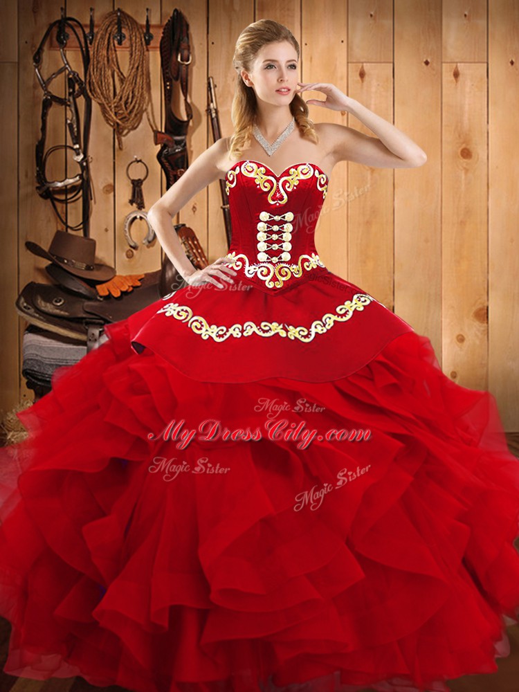 Spectacular Satin and Organza Sweetheart Sleeveless Lace Up Embroidery and Ruffles Quince Ball Gowns in Wine Red