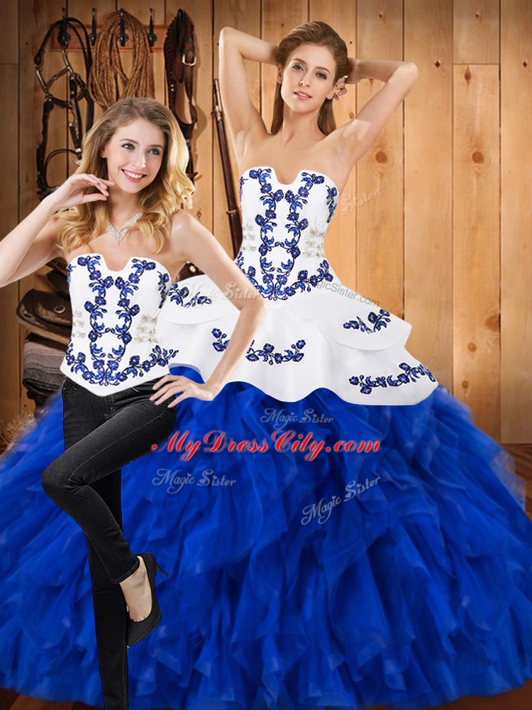 Two Pieces 15th Birthday Dress Blue And White Strapless Satin and Organza Sleeveless Floor Length Lace Up