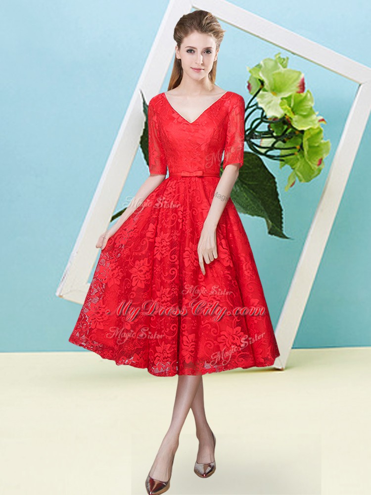 Beauteous Tea Length Lace Up Wedding Guest Dresses Red for Prom and Party and Wedding Party with Bowknot