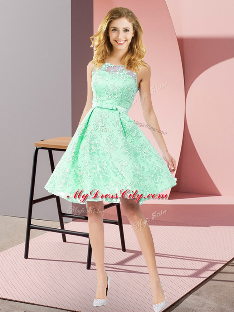 Apple Green Lace Zipper Wedding Guest Dresses Sleeveless Knee Length Bowknot