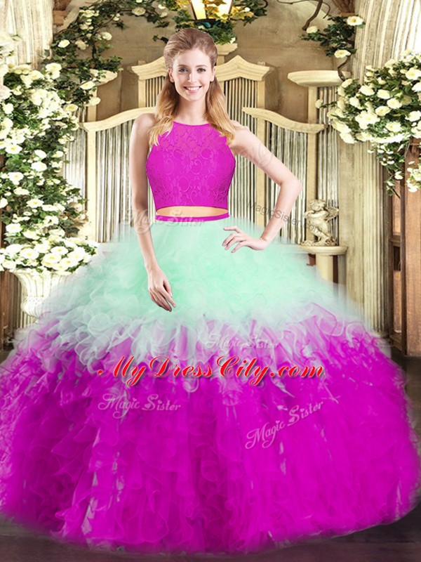 Multi-color Two Pieces Tulle Scoop Sleeveless Ruffles Floor Length Zipper 15th Birthday Dress