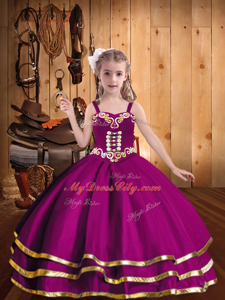 Fuchsia Ball Gowns Organza Straps Sleeveless Beading and Ruffled Layers Floor Length Lace Up Little Girl Pageant Gowns