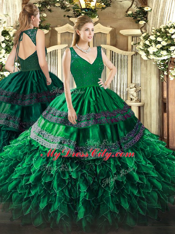 Floor Length Dark Green Quinceanera Dresses Organza Sleeveless Beading and Lace and Ruffles