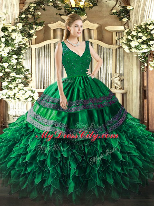 Floor Length Dark Green Quinceanera Dresses Organza Sleeveless Beading and Lace and Ruffles