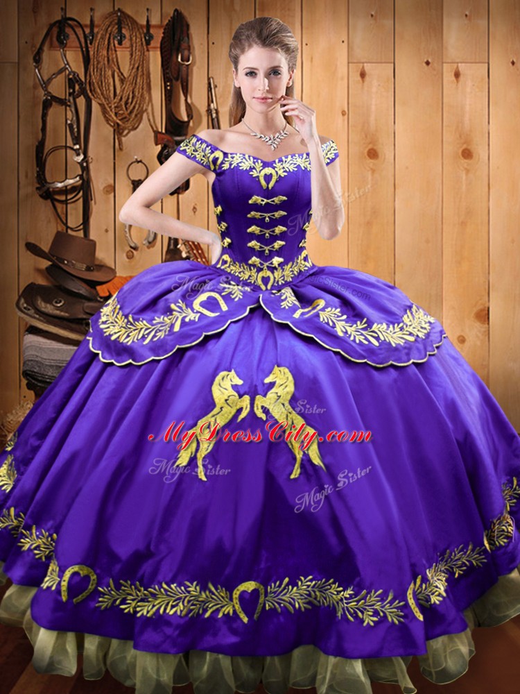 Excellent Sleeveless Floor Length Beading and Embroidery Lace Up 15th Birthday Dress with Eggplant Purple