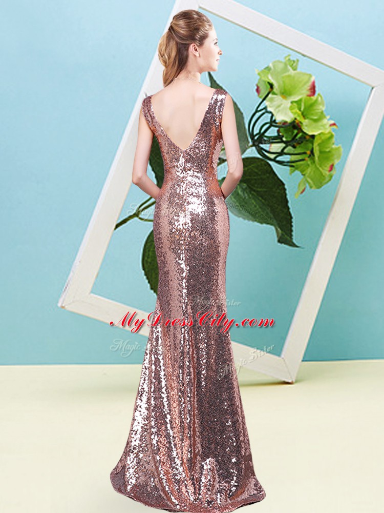 Romantic V-neck Sleeveless Prom Evening Gown Floor Length Sequins Coral Red Sequined