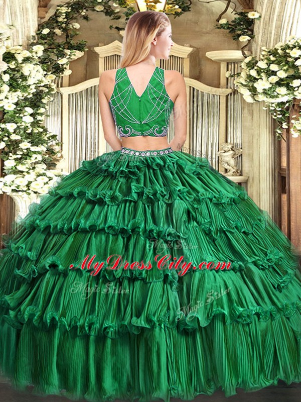Affordable Dark Green Sleeveless Floor Length Beading and Appliques and Ruffled Layers Zipper Sweet 16 Dress