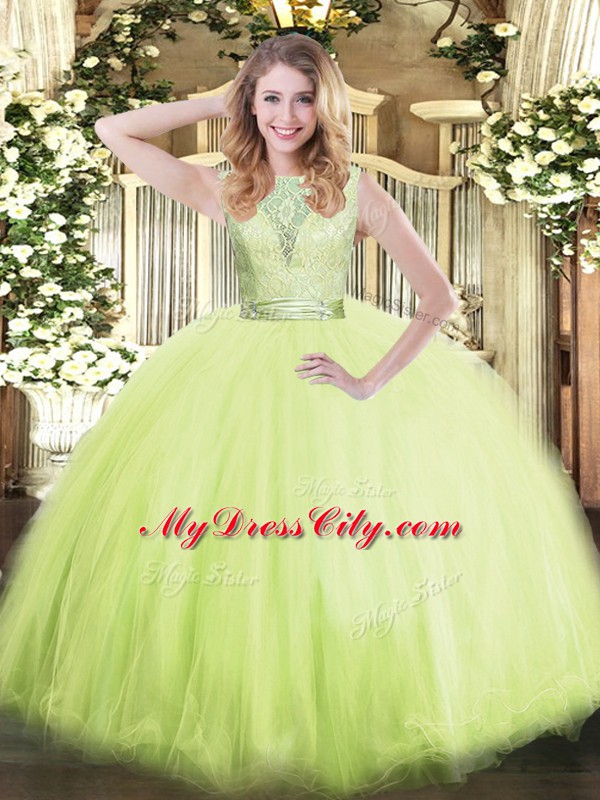 Yellow Green Sleeveless Floor Length Lace Backless 15 Quinceanera Dress
