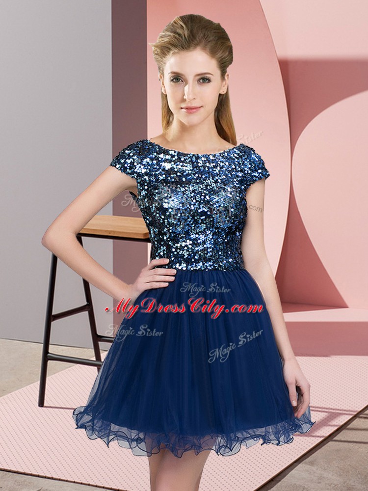A-line Bridesmaid Gown Navy Blue Scoop Tulle Cap Sleeves Mini Length Zipper
