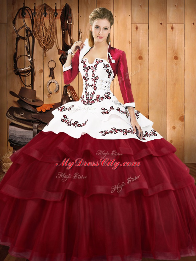 Low Price Burgundy Ball Gowns Strapless Sleeveless Lace Sweep Train Lace Up Embroidery and Ruffled Layers Sweet 16 Dresses
