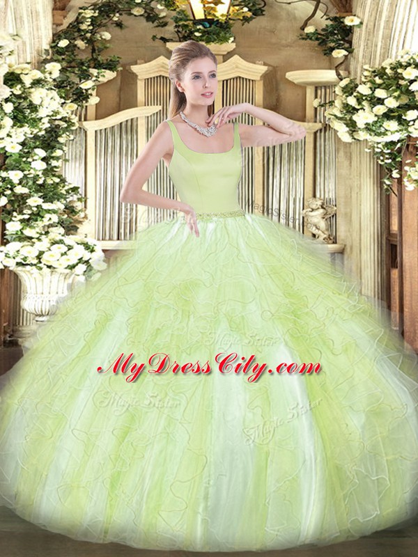 Custom Designed Yellow Green Ball Gowns Straps Sleeveless Tulle Floor Length Zipper Beading and Ruffles Sweet 16 Dress